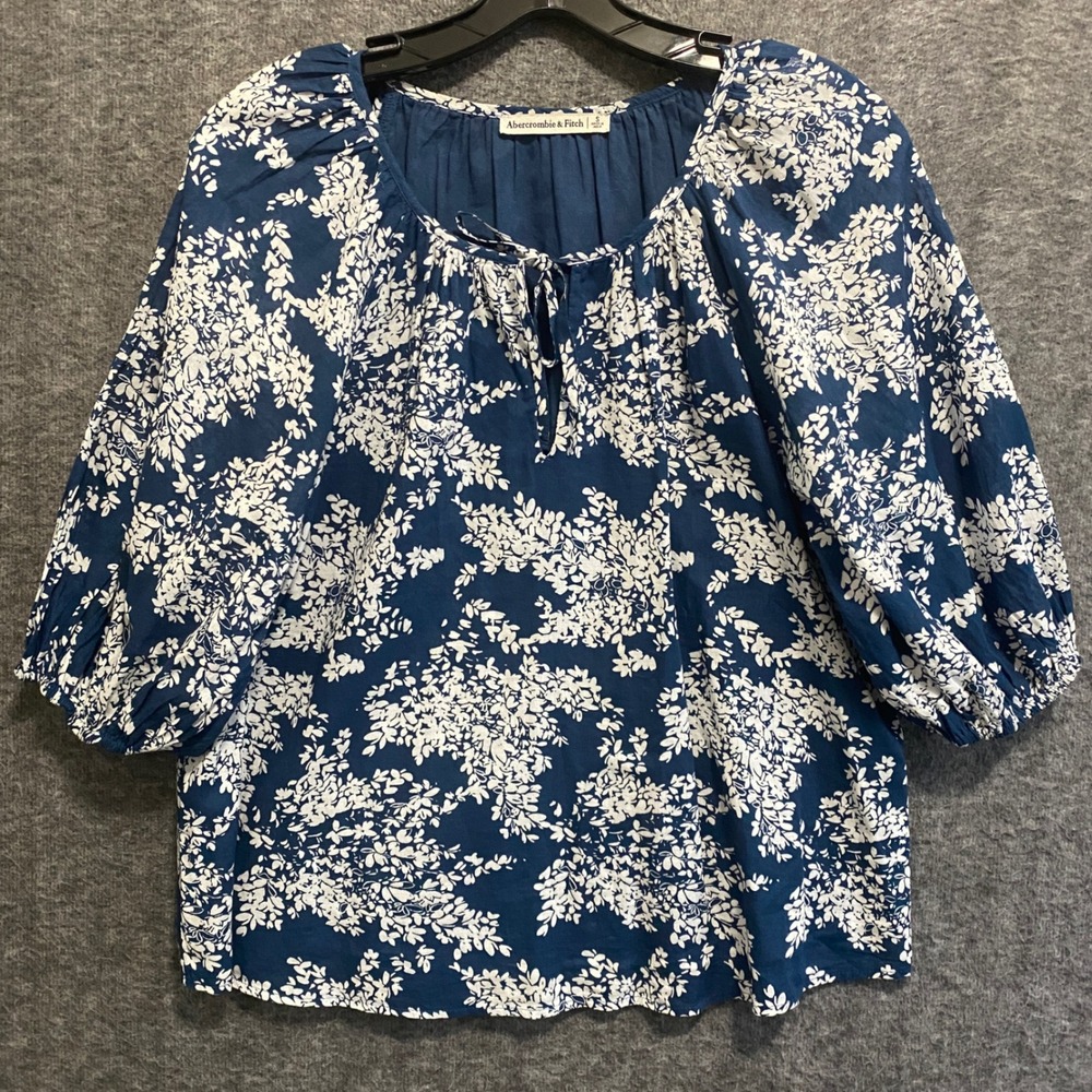 Abercrombie & Fitch Top Women S Blue Floral Cottagecore Boho Peasant Puff Sleeve